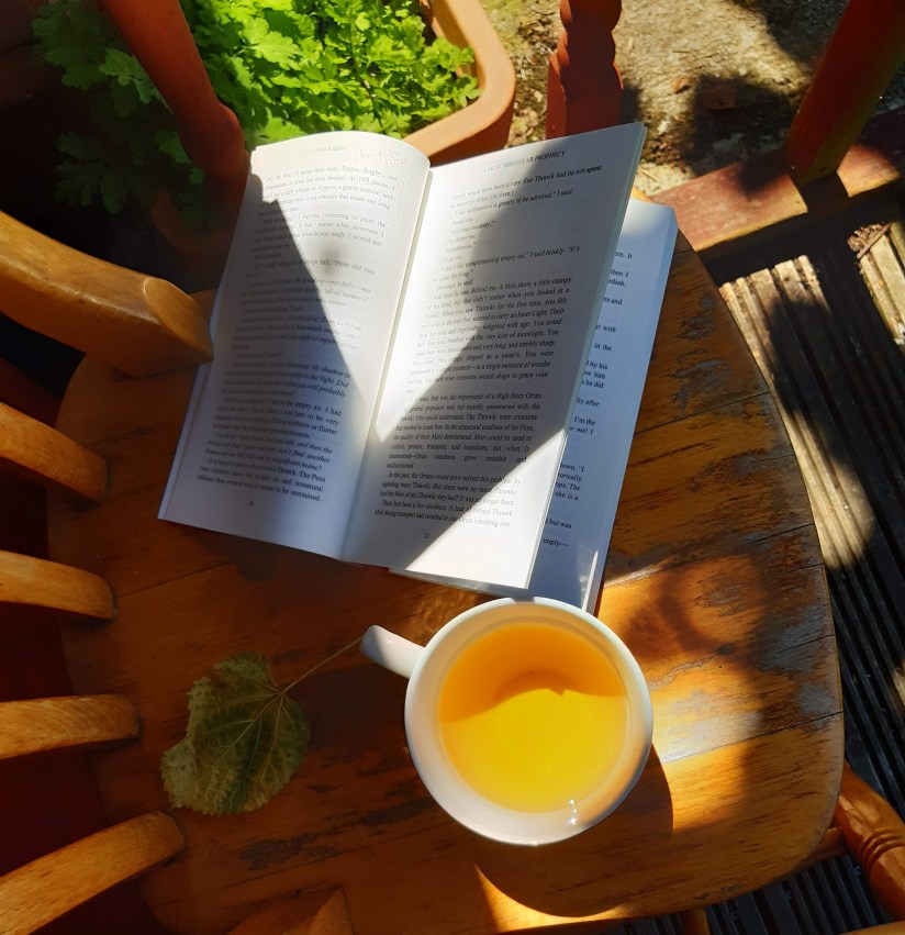 book and tea on a chair